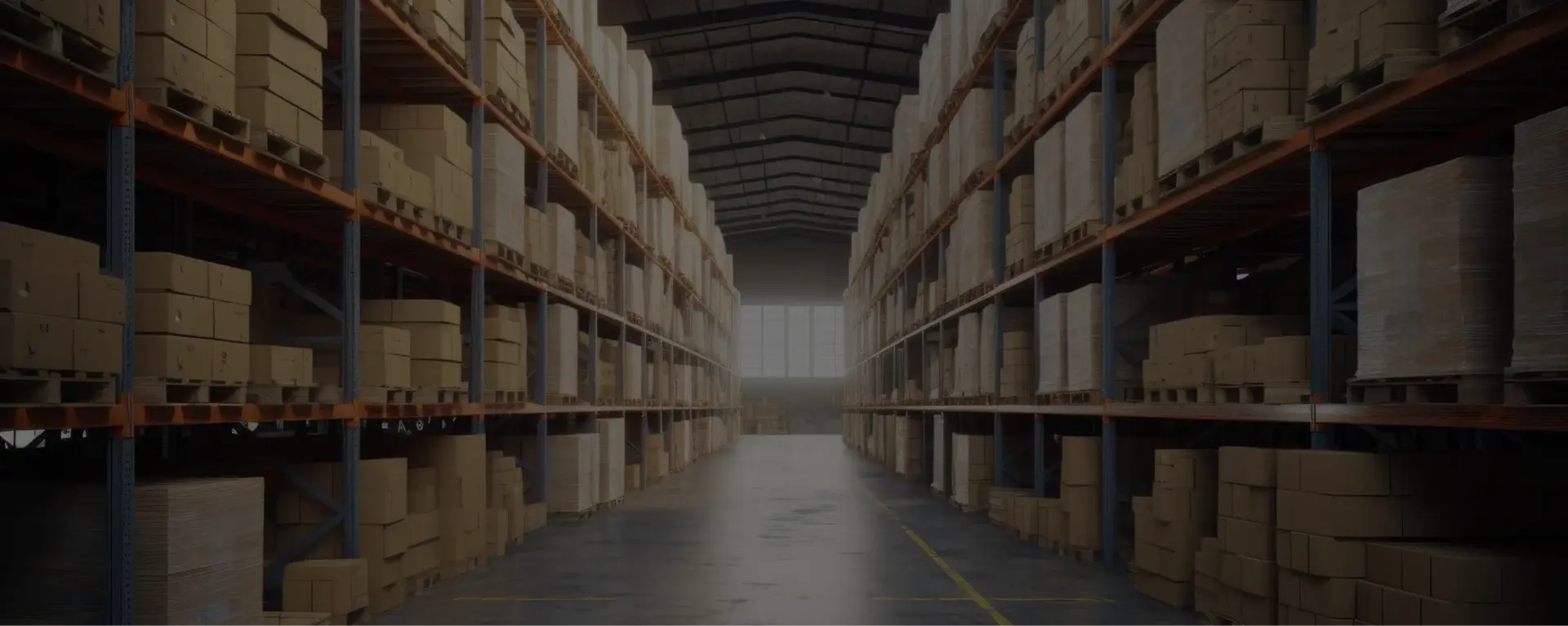 Rows of shelves with boxes in a large warehouse storage facility for eCommerce fulfillment and shipping