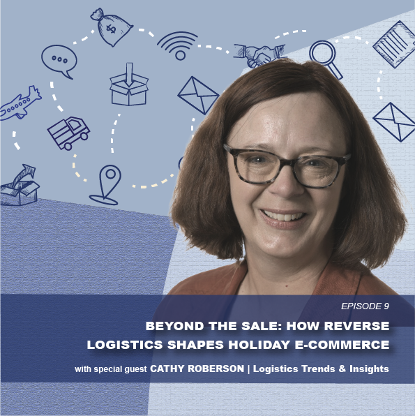 Woman with glasses smiling in front of illustrated background related to reverse logistics