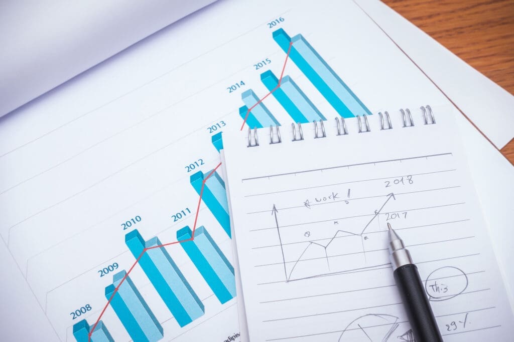 Bar graph showing upward growth trend from 2008 to 2018 on notepad with pen