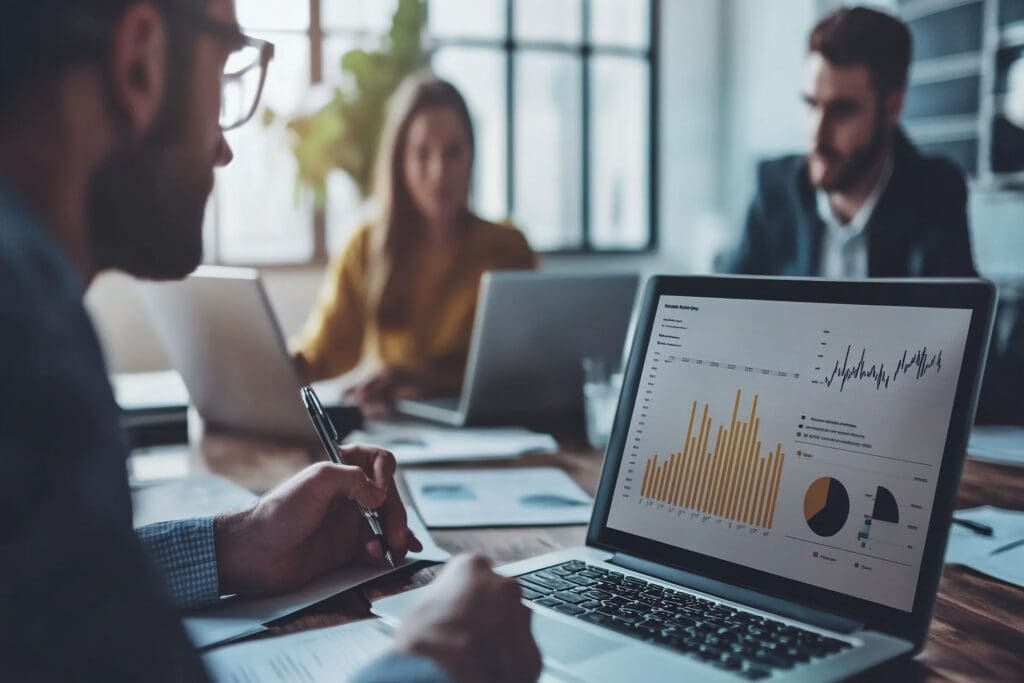 Business team analyzing financial graphs on laptop in office meeting