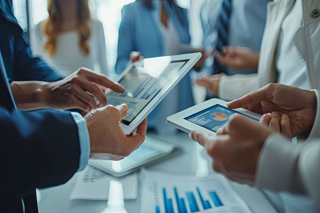 Business team analyzing financial data and sales reports on tablets and smartphones