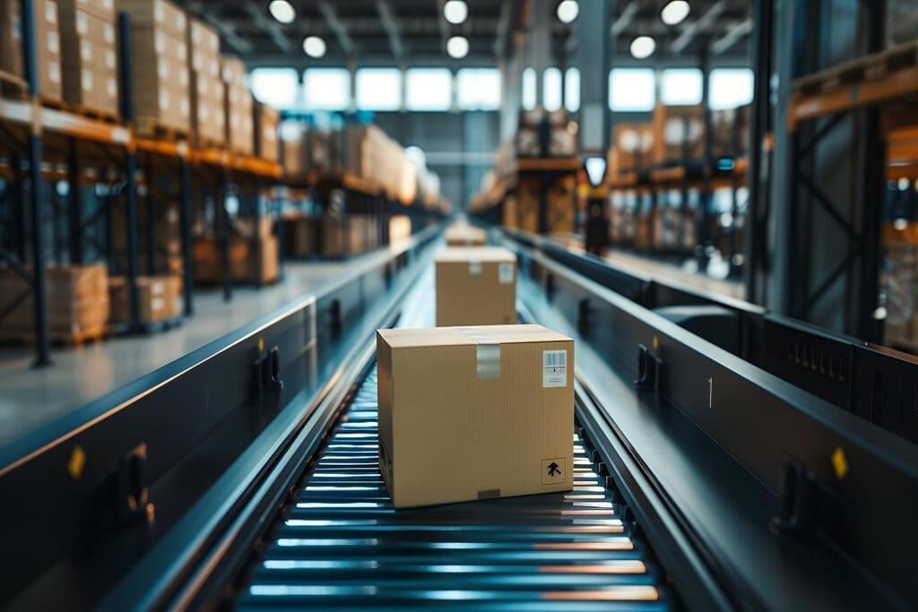 Boxes on conveyor belt in modern warehouse distribution center with inventory shelves