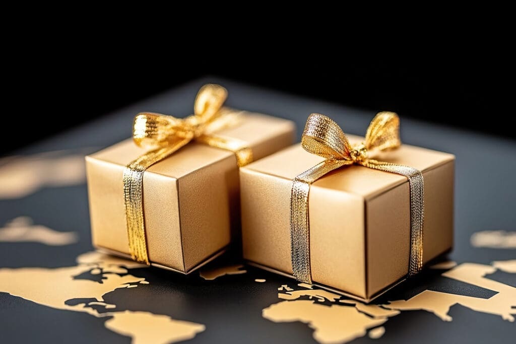 Gold gift boxes with ribbon on world map background