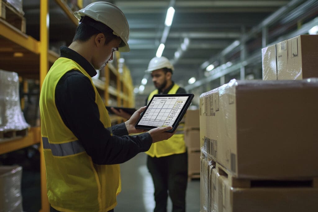 Two warehouse workers in yellow vests checking inventory on a tablet in a storage facility