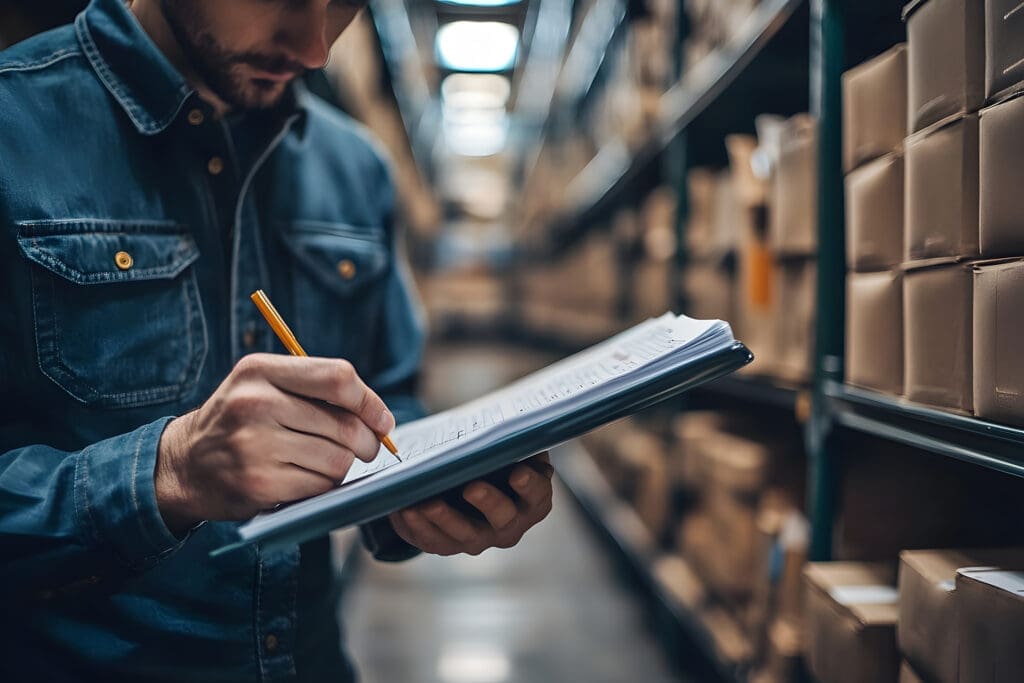 Man taking inventory notes in warehouse aisle with boxes on shelves