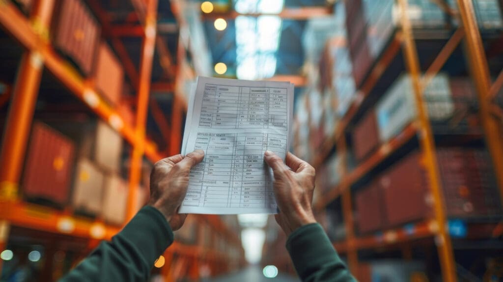Hands holding warehouse inventory sheet in aisle of orange industrial shelving racks