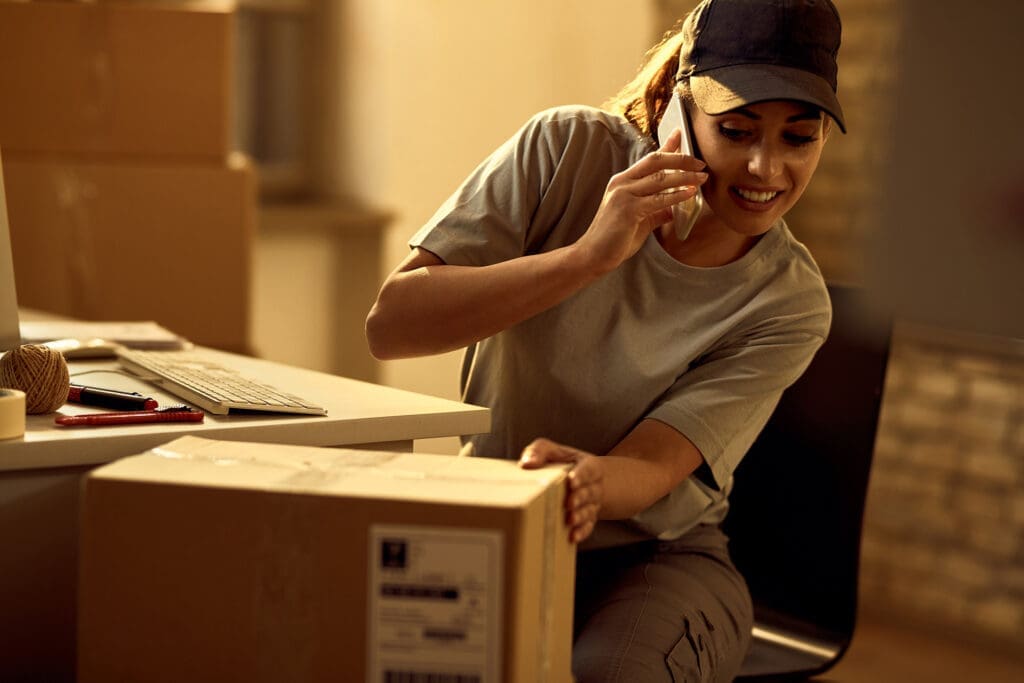 Woman in baseball cap happily packing boxes for eCommerce order fulfillment at warehouse desk