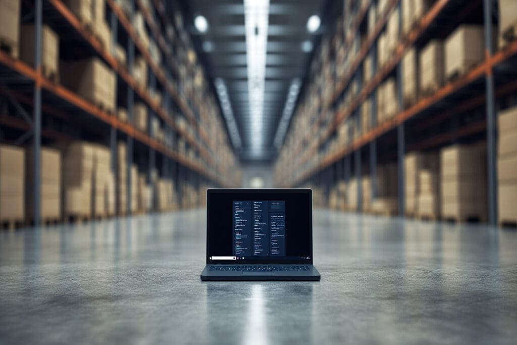 Laptop in warehouse displaying logistics software for eCommerce order fulfillment and shipping