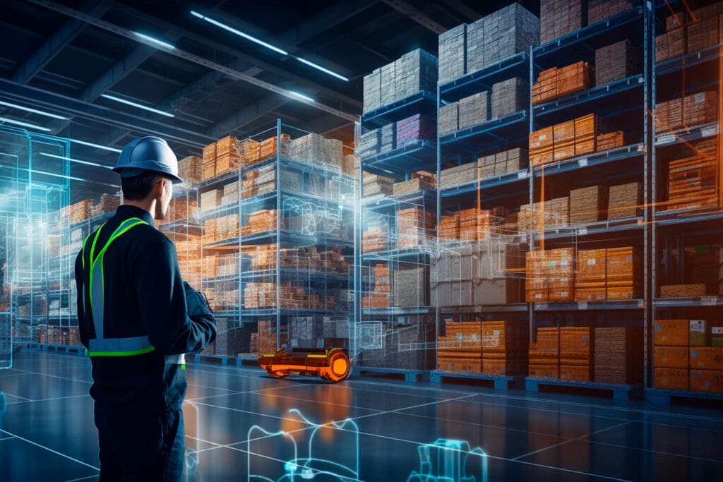 Man in warehouse inspecting inventory with futuristic digital technology overlay