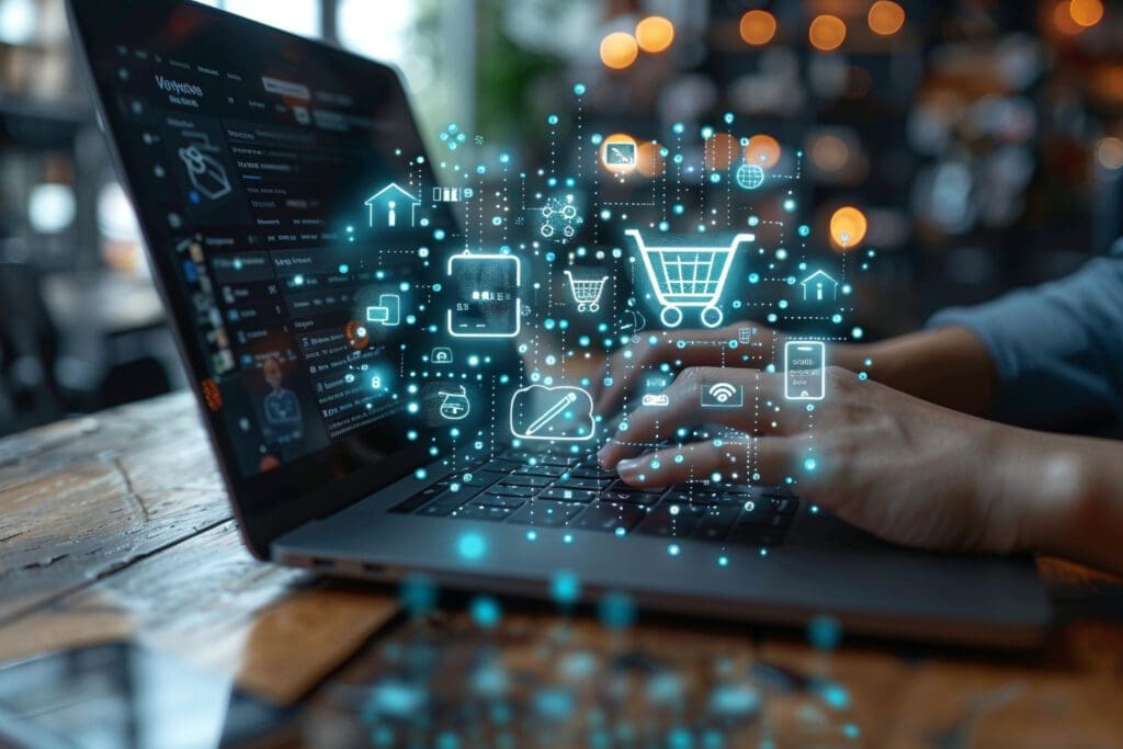 Laptop screen displaying eCommerce icons and online shopping interface for logistics solutions