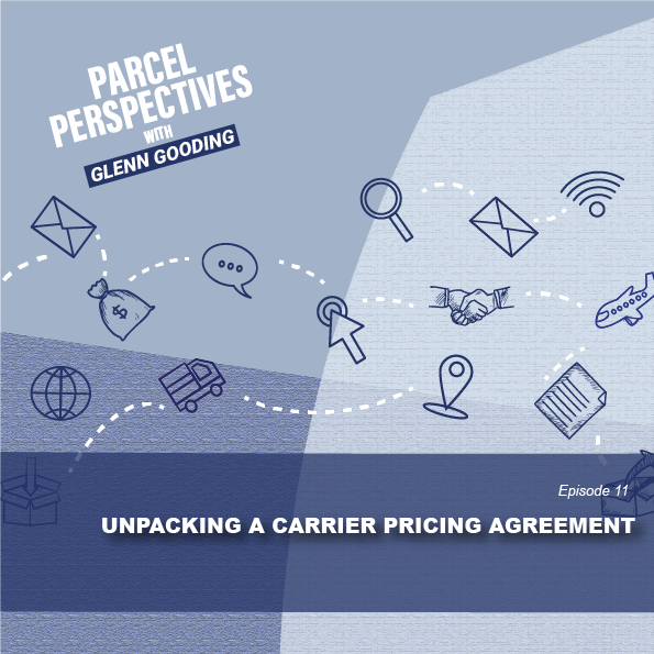 Graphic showing icons representing unpacking a carrier pricing agreement from Parcel Perspectives podcast