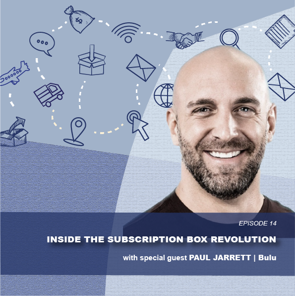 Smiling bald man with beard over subscription box revolution icons representing eCommerce fulfillment services from iDrive Logistics.