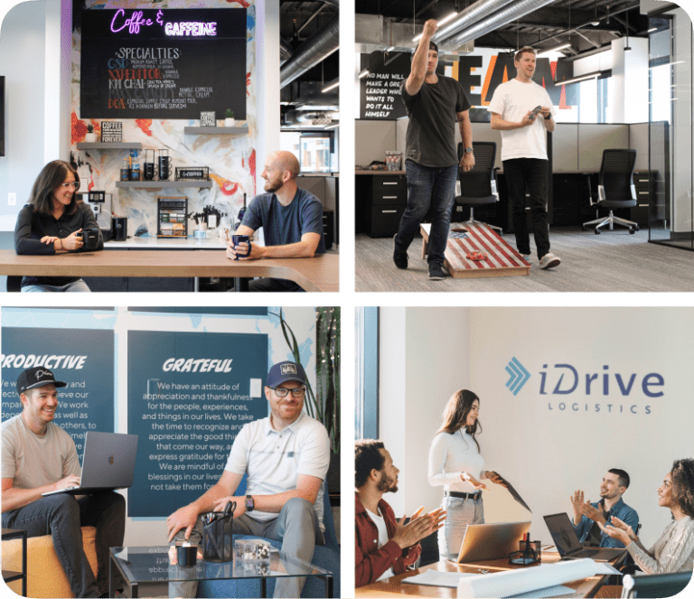 Alt text: iDrive Logistics employees collaborating in office and warehouse environments.