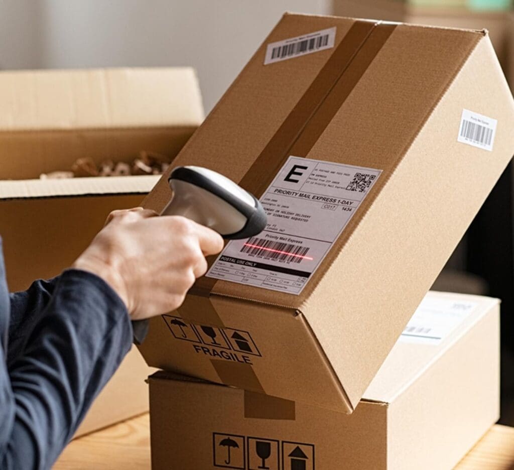 Man scanning package barcode label for eCommerce order fulfillment and shipping by iDrive Logistics