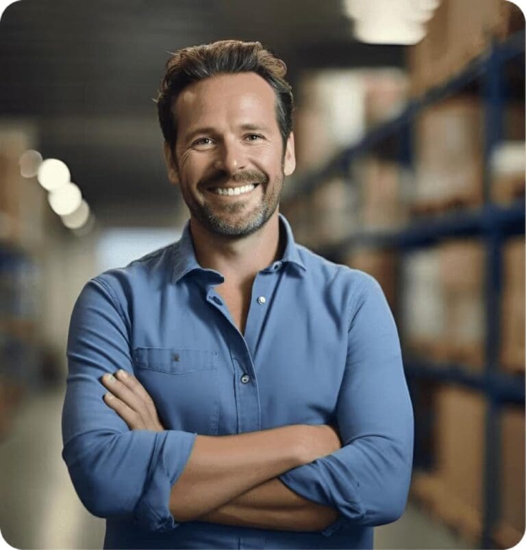 Smiling businessman with arms crossed in warehouse, eCommerce fulfillment and shipping solutions