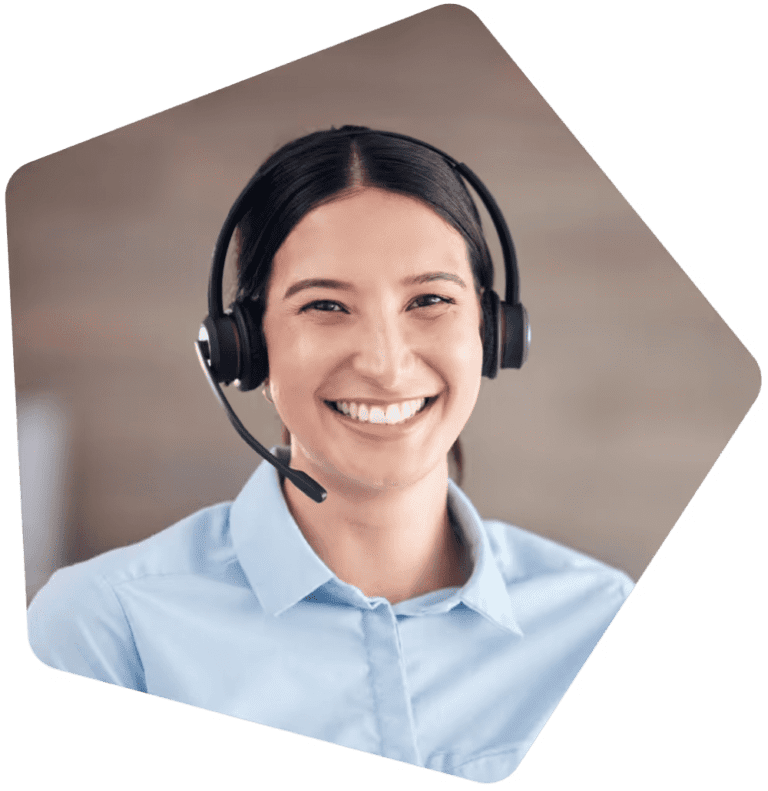 Smiling female customer service representative wearing headset on beige background