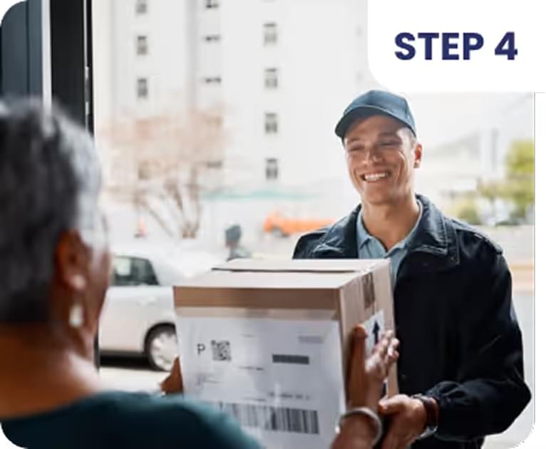 Delivery man smiling while carrying packages, with "STEP 4" text overlay
