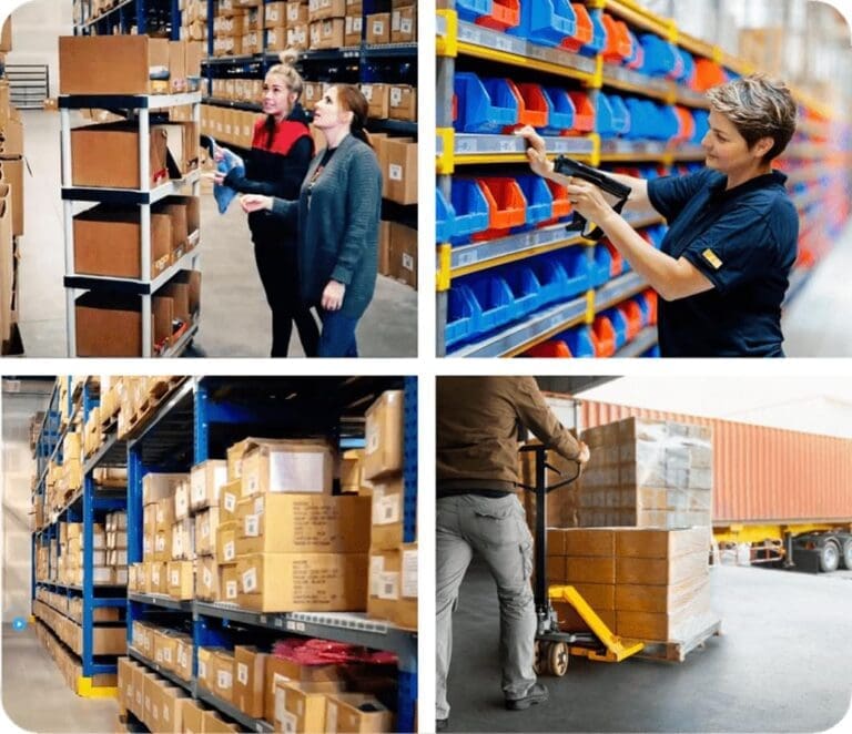 Workers picking and scanning inventory in a warehouse with shelves of boxes and bins