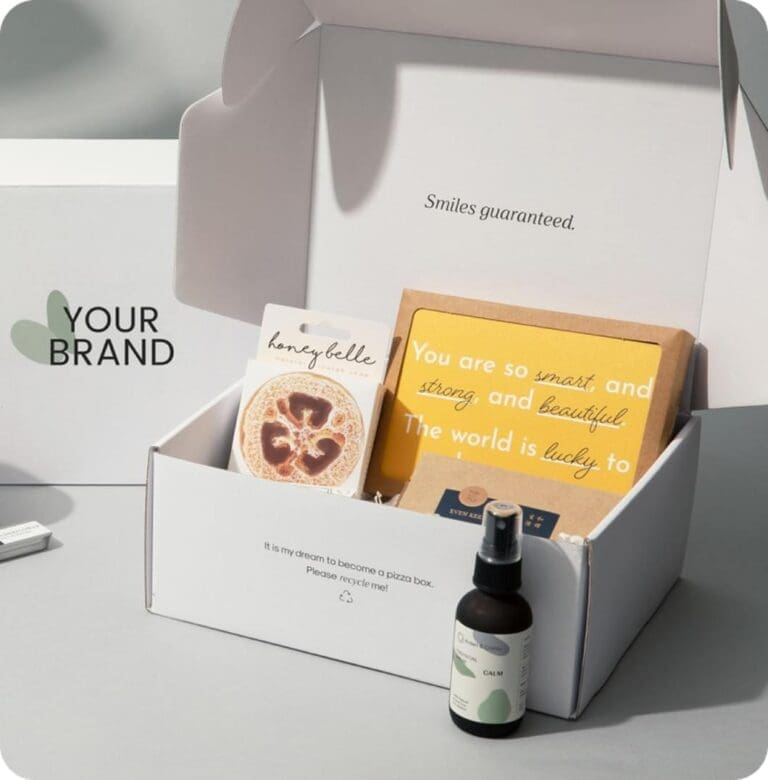 Custom gift box with inspirational message card, skincare product and recycled packaging materials