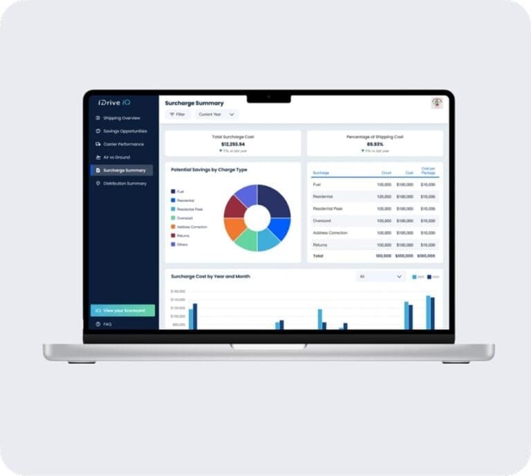 iDrive logistics surcharge summary dashboard with cost breakdown by charge type, year and month