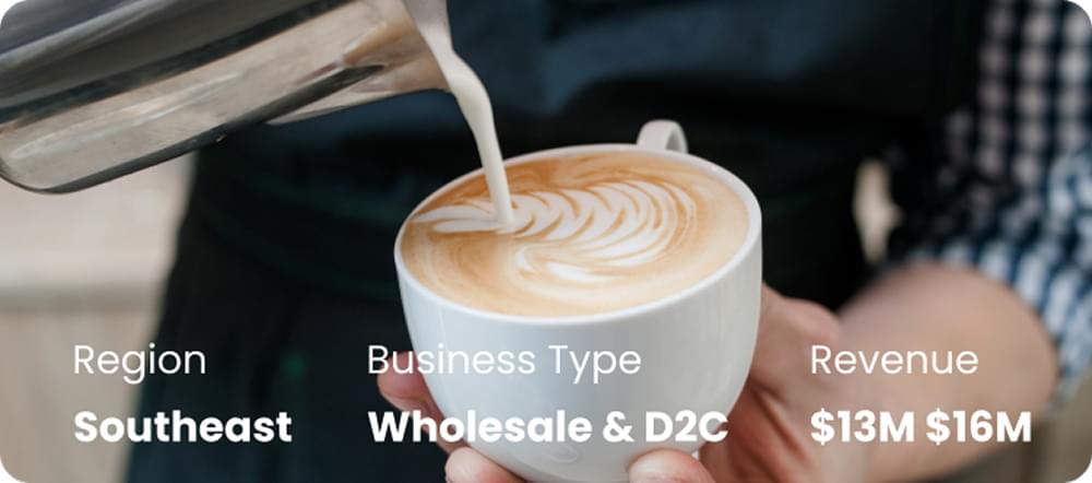 Person pouring milk foam art in coffee cup, showing wholesale and D2C revenue for Southeast region