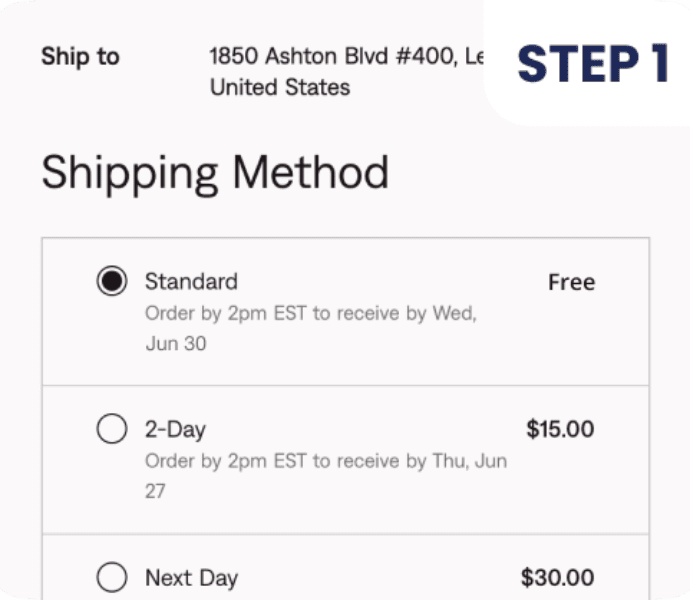 Step one of iDrive shipping, select shipping speed