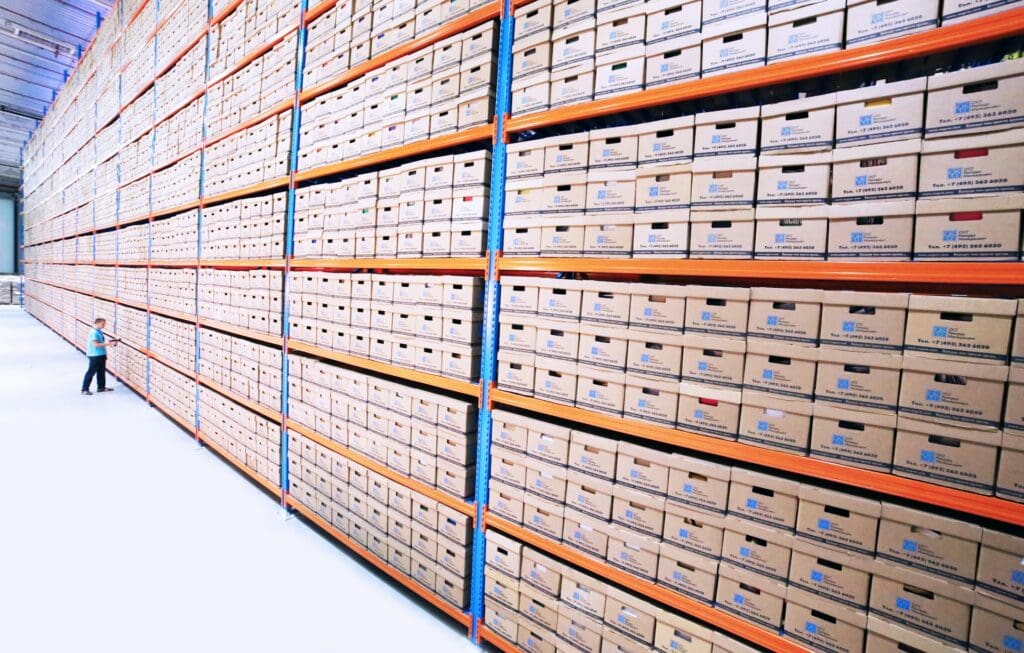 Rows of boxes in a warehouse