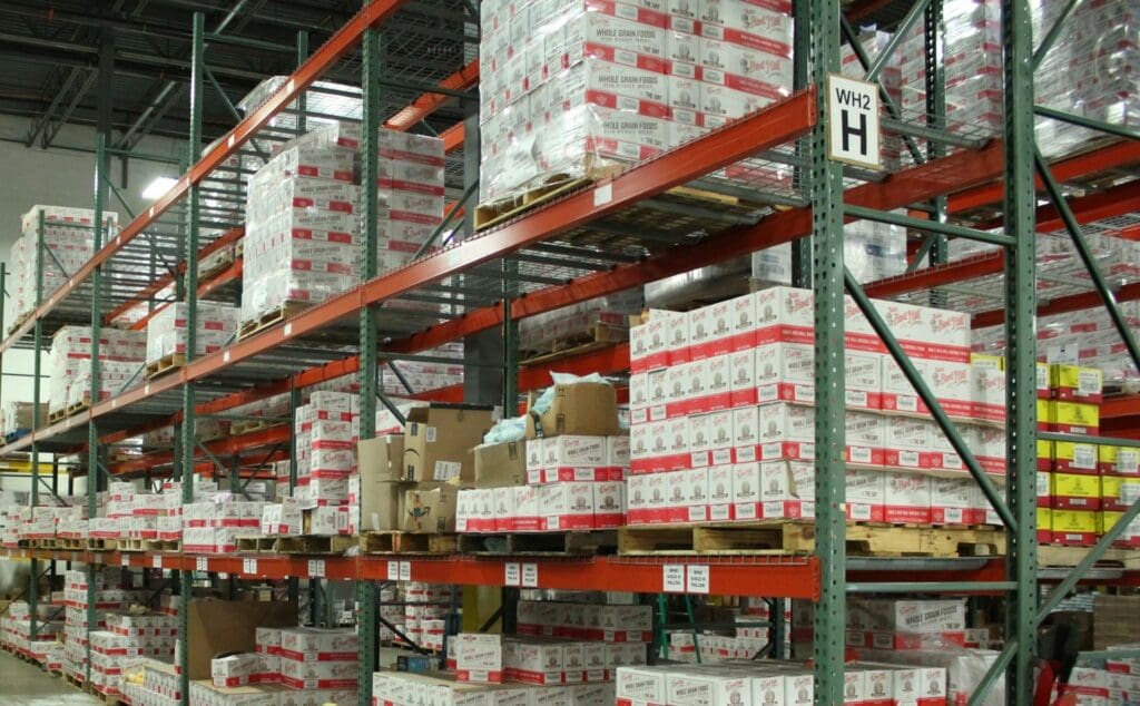 Boxes of the same item stocked in a warehouse