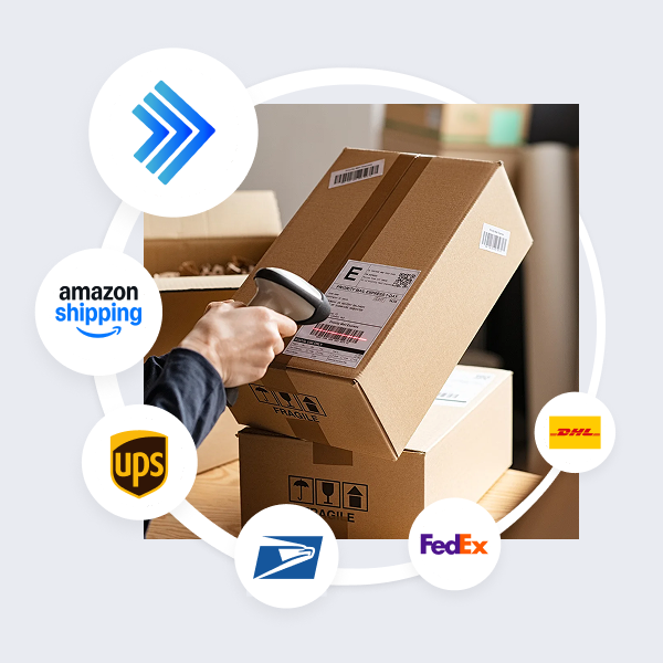 A photo of someone scanning a barcode on a label surrounded by carrier logos that work with iDrive